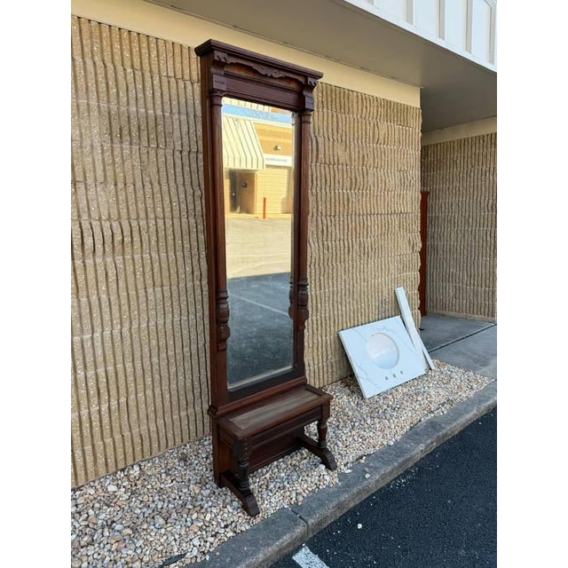 Victorian Antique American Victorian Eastlake Style Hall Pier Hall Mirror With Marble Top Shelf For Sale - Image 3 of 12