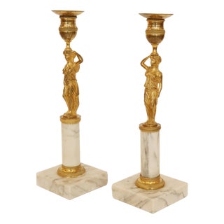 Pair of Candleholders with Karyatids, Bronze & Marble, Berlin Early 19th Century For Sale