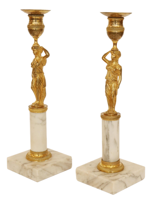 Pair of Candleholders with Karyatids, Bronze & Marble, Berlin Early 19th Century