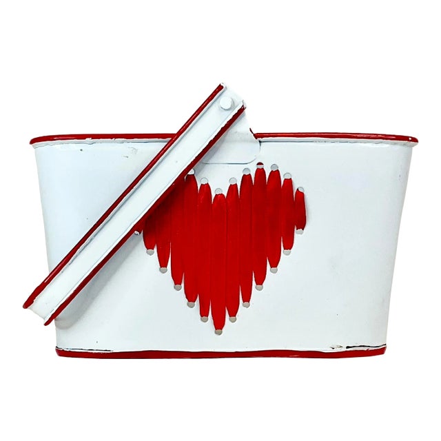 1970s Vintage Art Deco Boho Chic Tole & Ribbon Valentine Heart Basket. For Sale