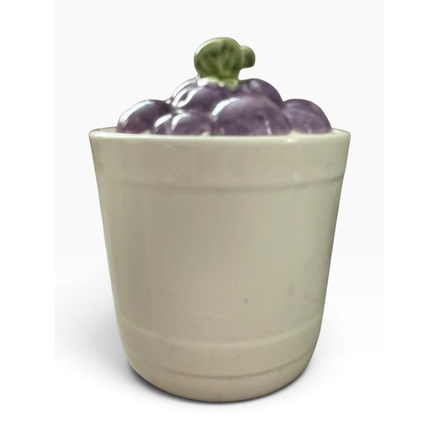 Vintage Treasure Craft Hopscotch Plum Cookie Jar, Blue & White Ceramic For Sale - Image 4 of 6