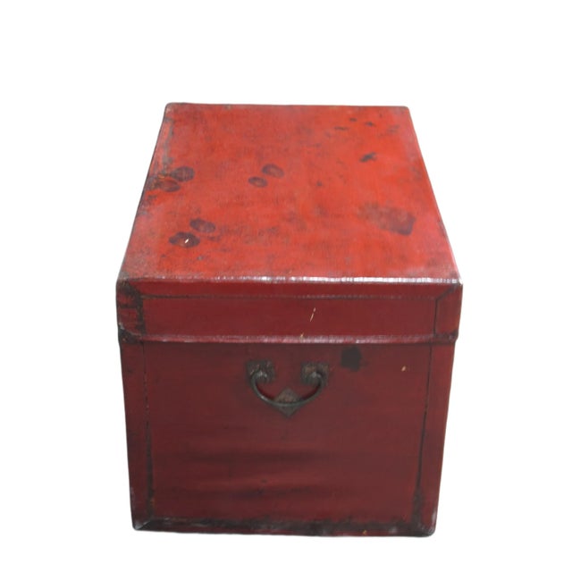 Wood Red 31" Inch Long Antique Red Leather Accent Trunk Table For Sale - Image 7 of 12