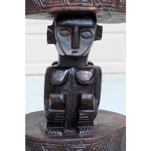 Vintage Hand-Carved African Man & Woman Figural Stool – 20.5” H X 15.75” W Sculptural Tribal Side Table With Geometric Carving For Sale - Image 11 of 17