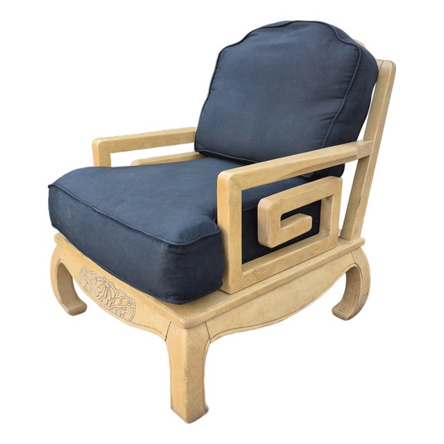 1990s Schnadig Ming Style Chow Leg Lounge Chair W/ Greek Key Arms For Sale
