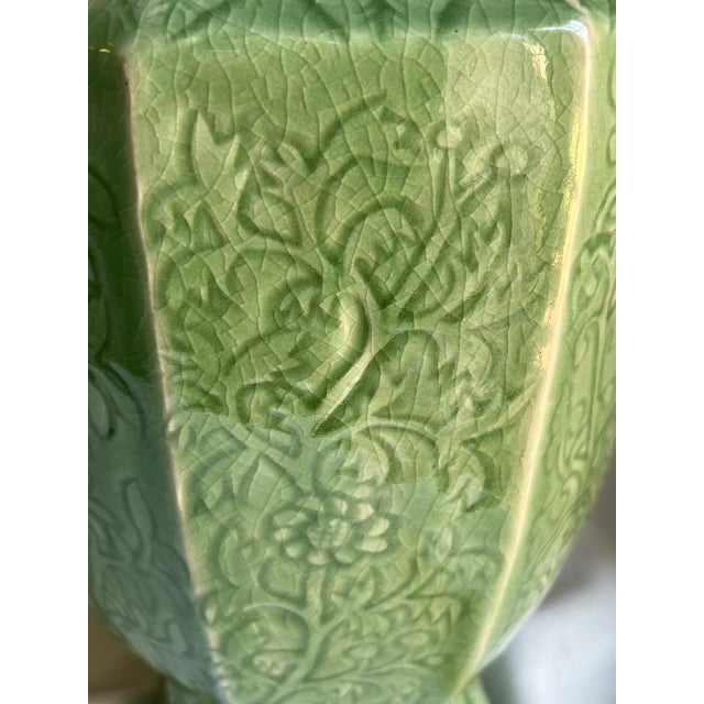 Vintage 1970s Chinese Export Chinoiserie Eight Sided Floral Embossed Celadon Vase For Sale - Image 4 of 12
