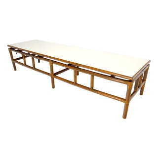 Mid Century c1970s Rattan Bamboo White Formica Top 72” Long Coffee Table MINT For Sale