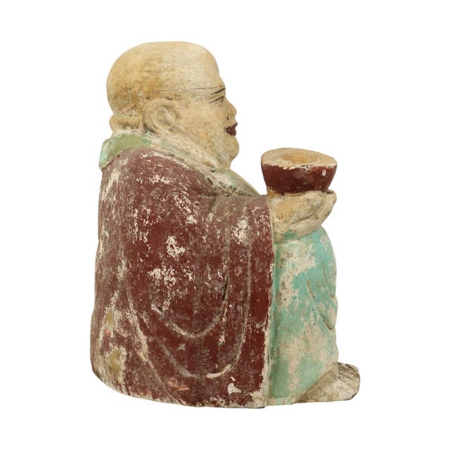 Large Laughing Buddha Wooden Polychrome Sculpture For Sale - Image 12 of 17