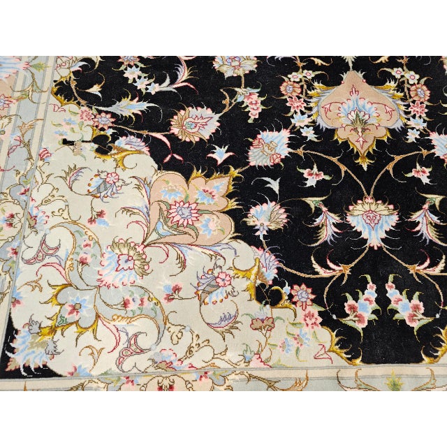 Fine Tabriz Rug, Hand-Knotted Wool & Silk, Floral Pattern, Black & Ivory, 7x10 For Sale - Image 18 of 18