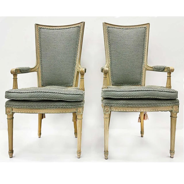 Hollywood Regency neoclassical style high back armchairs Offered for sale is an elegant pair of Hollywood Regency high...