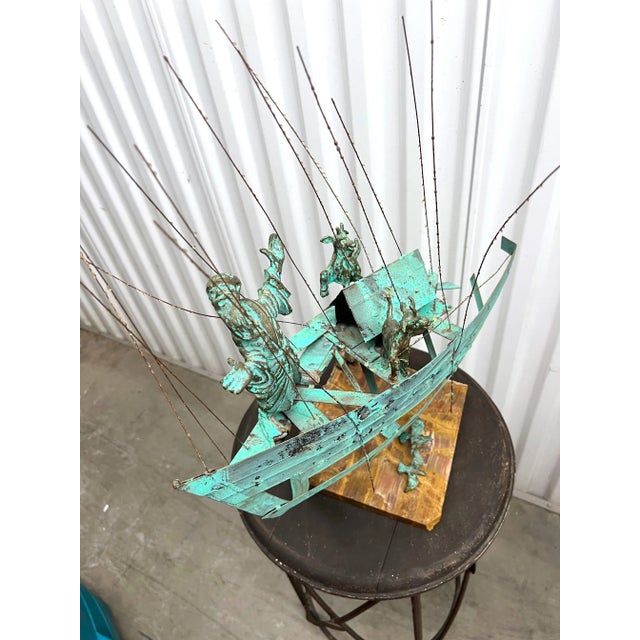 Verdigris Mid 20th Century Bijan Signed Metal Art Ship With Man and Goats Sculpture For Sale - Image 8 of 13