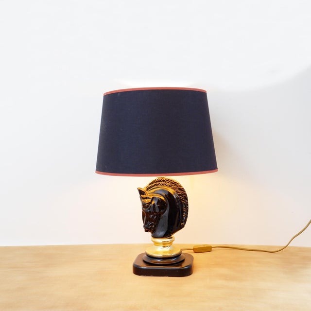Textile Vintage Black Ceramic Horse-Head Table Lamp from Maison Charles, 1980s For Sale - Image 7 of 18