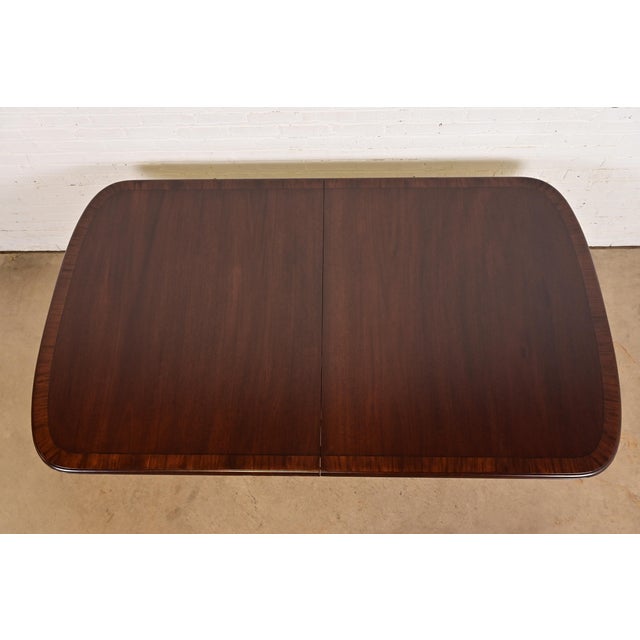 Baker Furniture Style Georgian Banded Mahogany Double Pedestal Extension Dining Table, Newly Refinished For Sale - Image 9 of 13