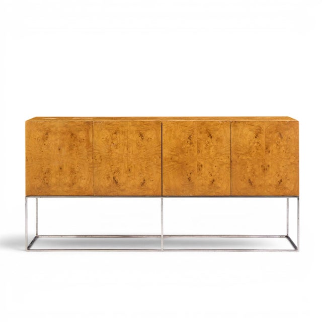Milo Baughman for Thayer Coggin Mid Century Burlwood and Chrome Credenza This credenza measures: 72 wide x 18.25 deep x...