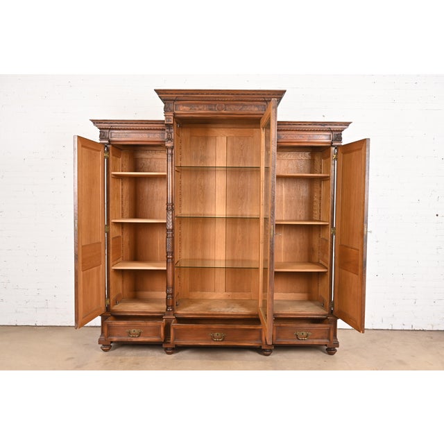 Late 19th Century Herter Brothers Style Monumental Antique Eastlake Victorian Carved Walnut and Burl Wood Triple Bookcase Cabinet For Sale - Image 5 of 13
