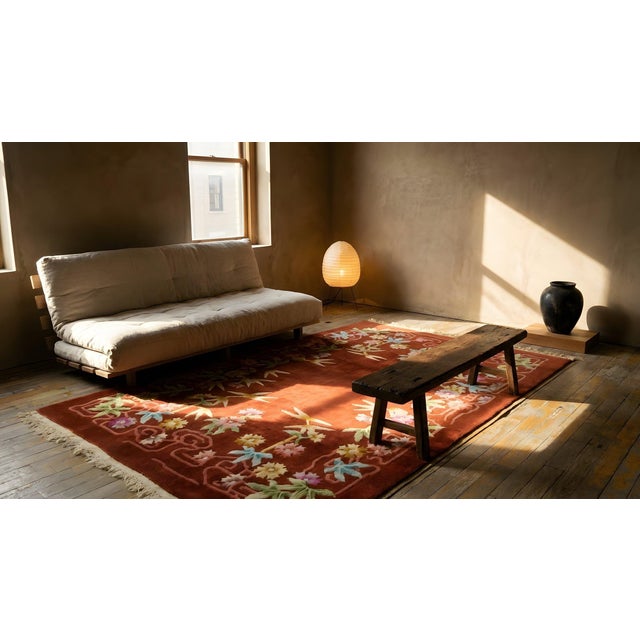 1930s Ruby Red Floral Antique Chinese Art Deco Carpet 4'4" X 6'6" Knotted Wool Rug For Sale - Image 14 of 15