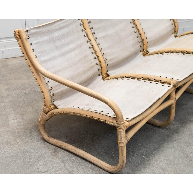 3-Seater Bench in Rattan and Cotton Canvas, 1960s For Sale - Image 4 of 10