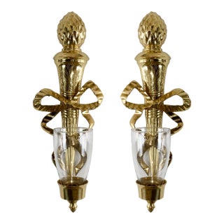 Large Vintage Brass Ribbon Torch Wall Candle Sconces, a Pair For Sale