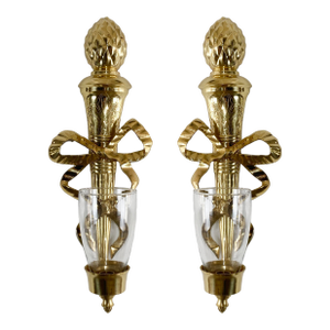 Large Vintage Brass Ribbon Torch Wall Candle Sconces, a Pair