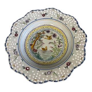 Vintage Hand Painted Floral & Bird Decorated Portugal Faience 12" Plate Dish For Sale