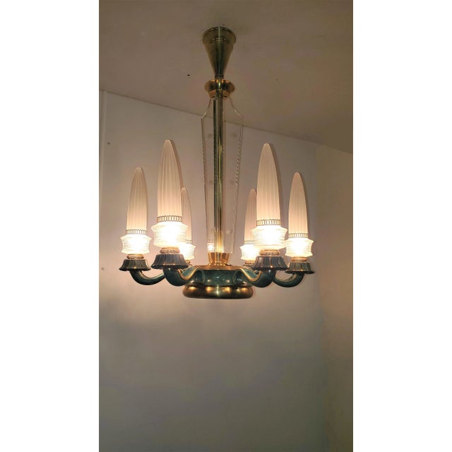 Mid 20th Century Frosted Glass and Bronze Six Arm Chandelier Attrib to Maison Baguès For Sale - Image 12 of 12