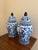 A beautiful pair of large Chinoiserie blue and white porcelain covered ginger jars or temple jars featuring birds and a...