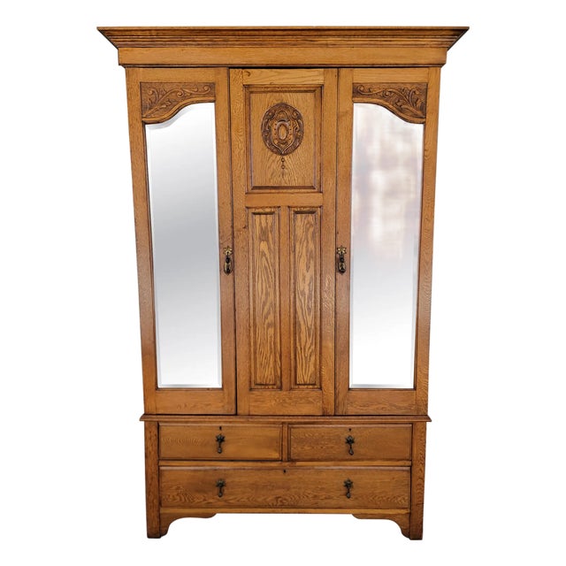 Antique Armoire / Wardrobe English Oak With Beveled Mirror Doors For Sale
