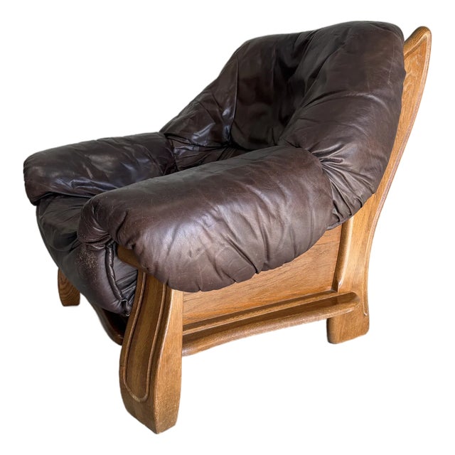 1970s Brutalist Oak and Brown Leather Lounge Chair For Sale