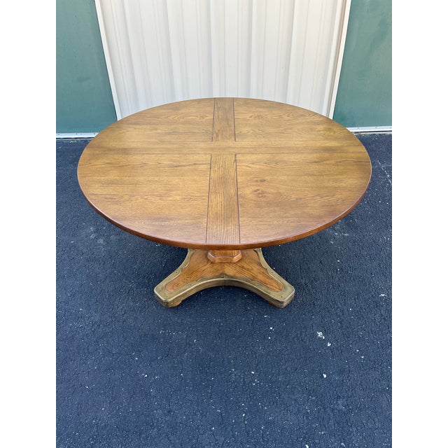 Mid-Century Modern 1960s Henredon Round Oak Pedestal Game Table With Brass Accents For Sale - Image 3 of 12