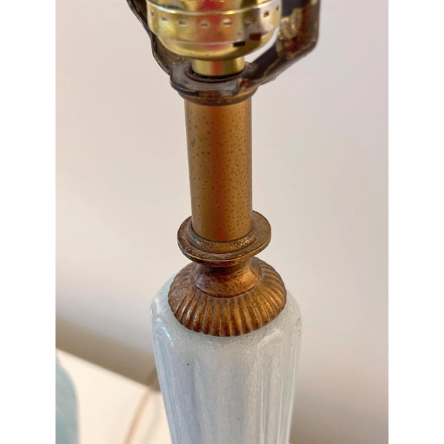 1960s Mid 20th Century Pale blue Murano glass table lamps with gold metal and marble bases - a Pair For Sale - Image 5 of 13