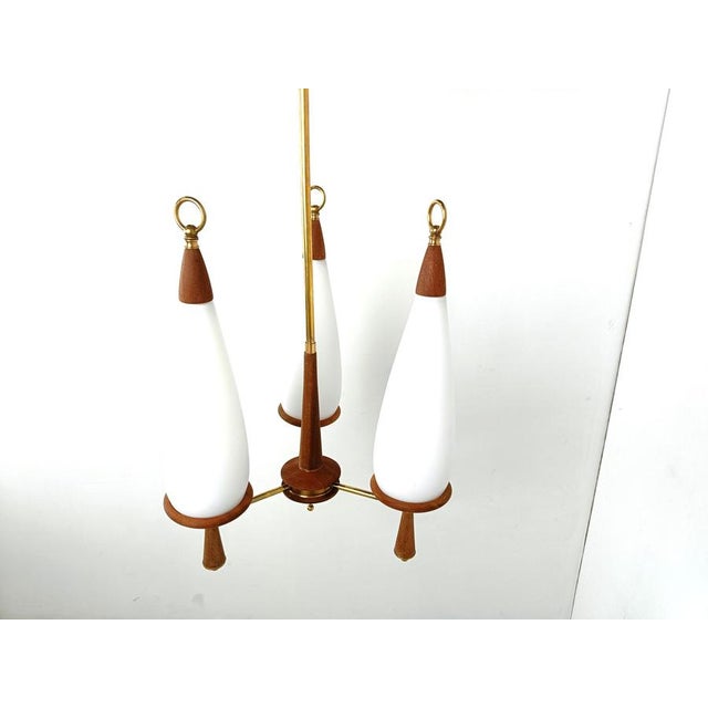 Vintage Teak Chandelier with White Glass Shades, 1960s For Sale - Image 3 of 10
