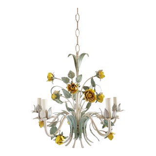 Vintage Italian Tole Painted Floral Chandelier For Sale