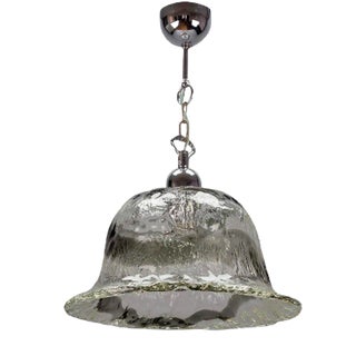 Italian Bell-Shaped Iced Murano Glass and Chrome Pendant Lamp For Sale