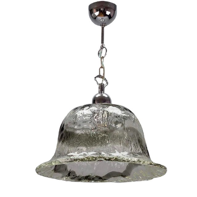 Italian Bell-Shaped Iced Murano Glass and Chrome Pendant Lamp For Sale