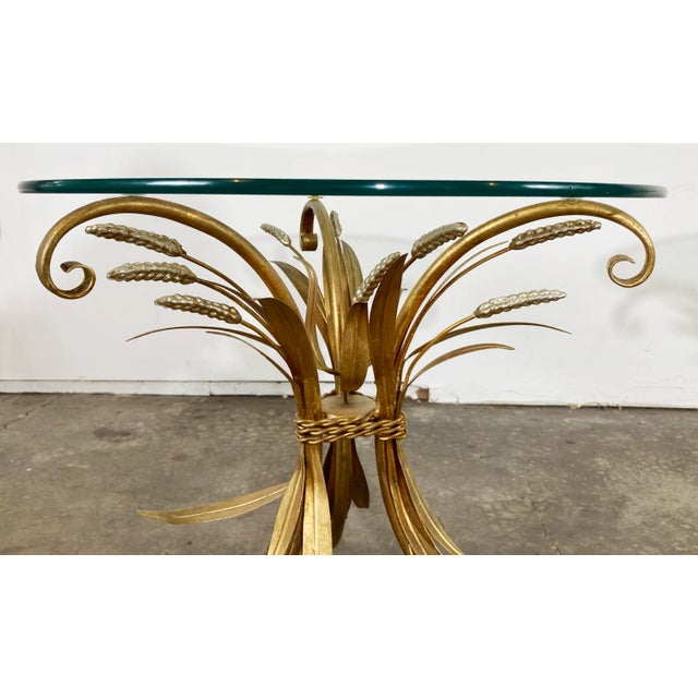 Vintage Gilt Sheaf of Wheat Side Tables With Round Glass Tops, a Pair For Sale - Image 4 of 9