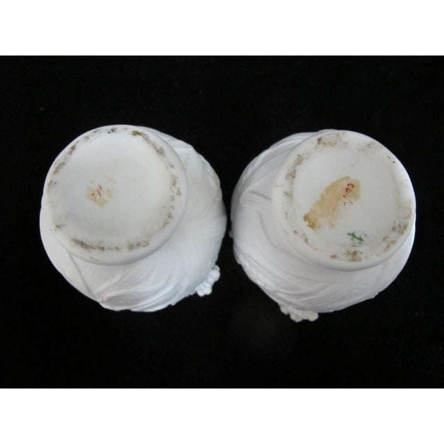 Ceramic White Parian Bisque Porcelain Raised Wheat & Grape Pattern Handled Vase Pair For Sale - Image 7 of 11