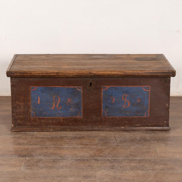 19th Century Hand Painted Flat Top Trunk Dated 1876 For Sale - Image 4 of 9