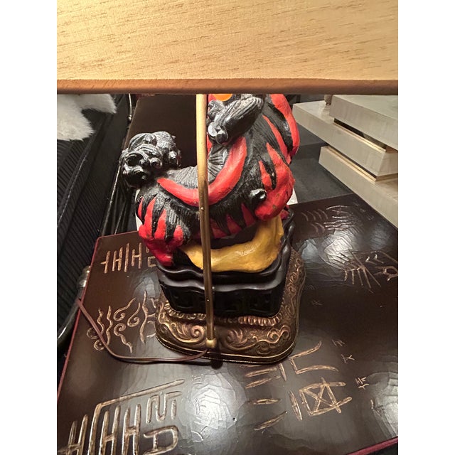 1920s Lacquered Carved Wood Foo Dog Table Lamps- a Pair For Sale - Image 9 of 14
