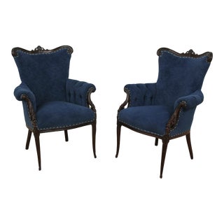 Pair French Style High Carved Fireside Chairs For Sale