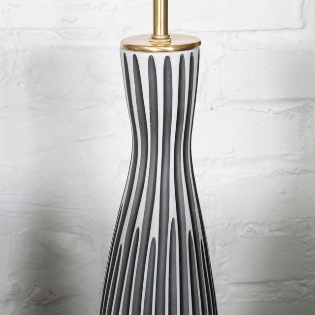 2000 - 2009 Pair of Striped Relief Ceramic Table Lamps For Sale - Image 5 of 11