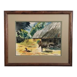 1960s Rustic European Landscape Watercolor Painting by Phillip Sutton, Framed