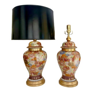 Pair of Japanese Satsuma Floral Porcelain Table Lamps For Sale