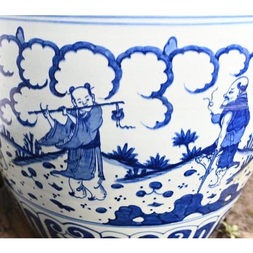 Eye catching pair of Chinese blue and white porcelain planters in the Nanking style Very vivid designs showing arabesques,...