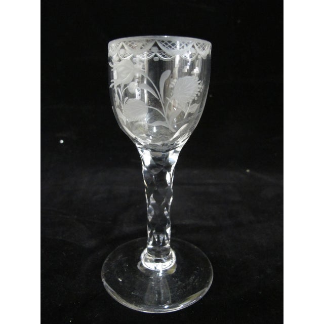 Antique 18th Century Etched Leaves & Flowers Facet Cut Wine Mead Glass Goblet For Sale - Image 4 of 8