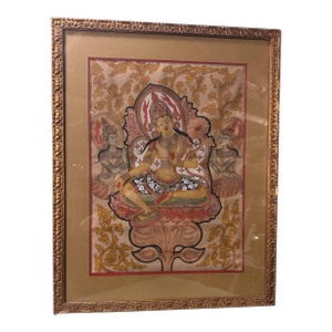 Antique Gilt Framed Hand Painted Tibetan Buddhist Green Tara Thangka Painting