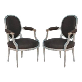 18th Century Period Louis XVI Whitewashed "Medaillon" Armchairs - A Pair For Sale