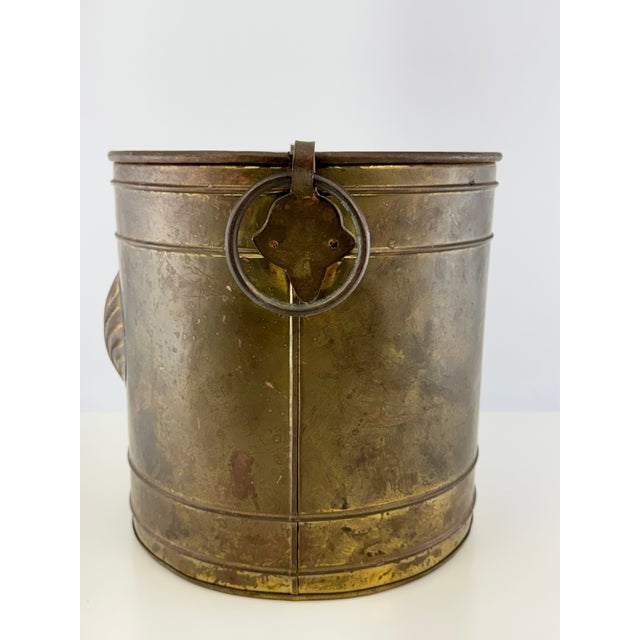 Vintage Patinated Brass Planter With Shell Medallion & Ring Handles For Sale - Image 9 of 10