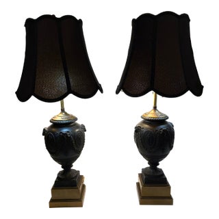 18th Century Monumental Wedgwood Black Basalt Urn Table Lamps - A Pair For Sale
