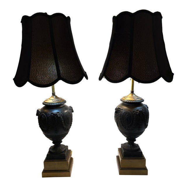 18th Century Monumental Wedgwood Black Basalt Urn Table Lamps - A Pair For Sale