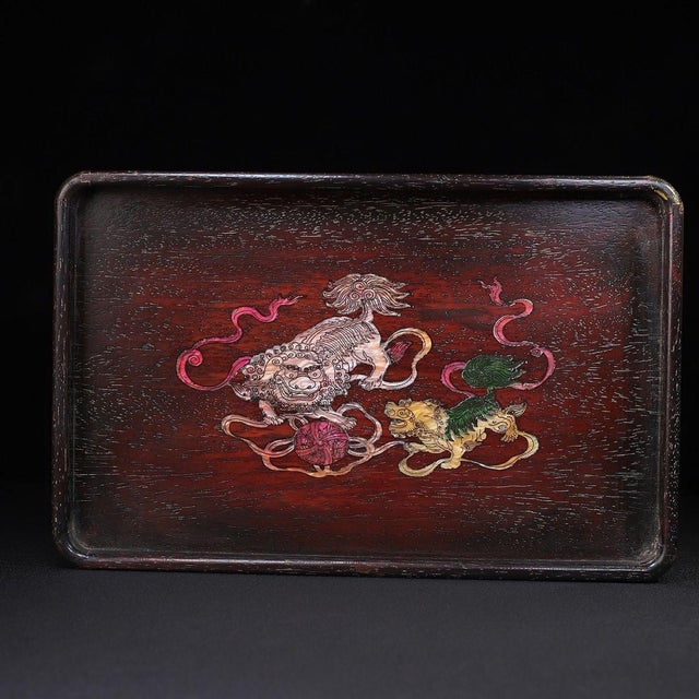 Late 20th Century Rosewood Tray Inlaid With Mother-of-Pearl Lion Motif For Sale - Image 5 of 10