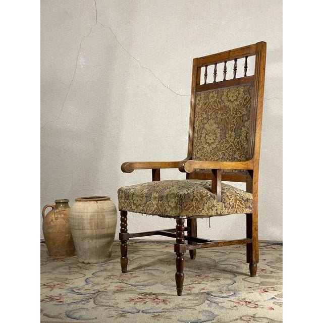 Brown Antique Louis XIV Oak Armchair with Velvet Upholstery, 18th Century For Sale - Image 8 of 8